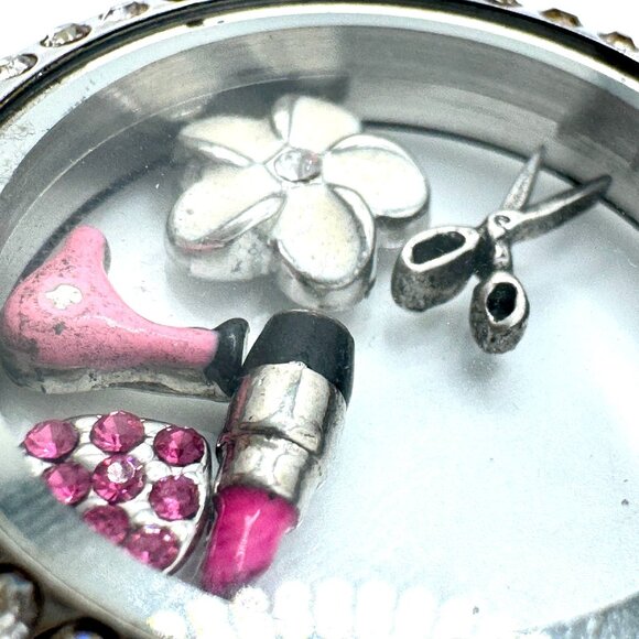 Origami Owl Round Silvertone Hairdresser Locket Rhinestones & Charms Hairdryer S - Picture 6 of 8